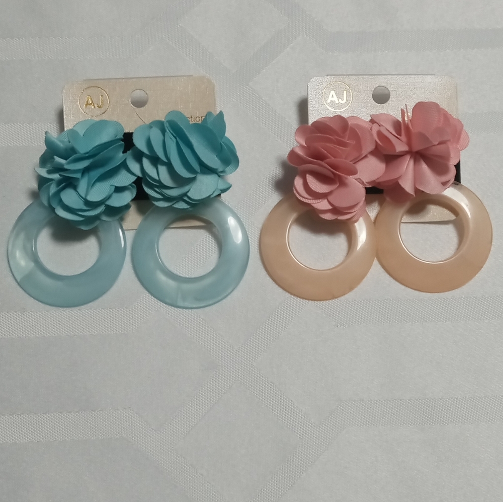 Floral Hoop Earrings Set - Blue and Pink